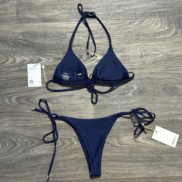 NWT Quince Small Triangle String Adjustable Bikini Tie Top Bottom Navy Blue Gold - Picture 3 of 9
